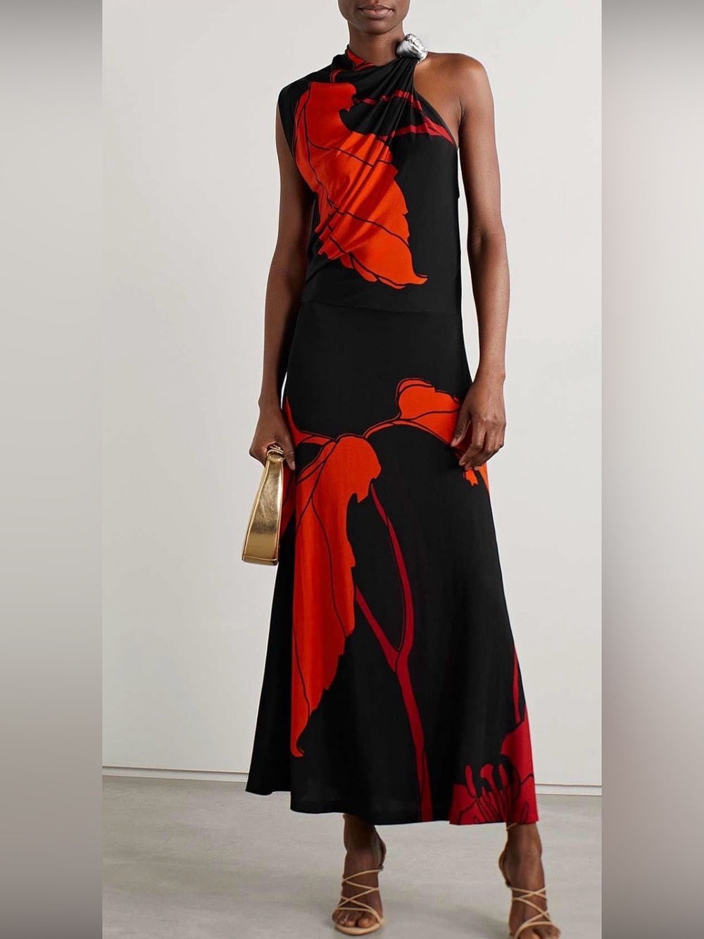JOHANNA ORTIZ Black Maxi Dress with Red Floral Print.